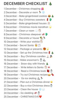 a christmas checklist is shown with the words, december and december written on it