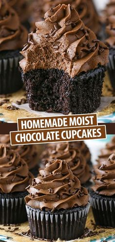 chocolate cupcakes with chocolate frosting on top and the words homemade most chocolate cupcakes above them