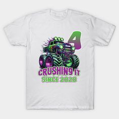 a white t - shirt with the number four on it and an image of a monster truck