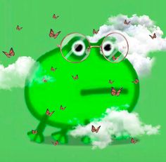 a green frog with glasses sitting in the clouds