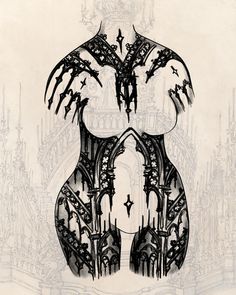 a black and white drawing of a woman's body with intricate designs on it