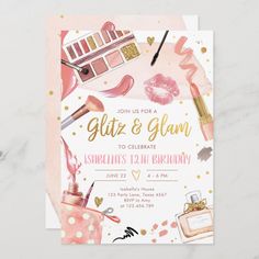 a pink and gold birthday party with cupcakes, cake and makeup on it