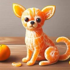 an orange cat figurine sitting next to two tangerines