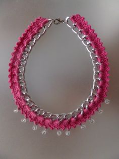 The necklace has a lightweight strong silver plated chain that has pink 100% fine cotton thread crochet & crystal transparent beads to the outside of it. Is finished with an easy to close with an easy labster clasp.  Perfect for any reason. Is light & easy to wear.  This necklace is unique.  I ship worldwide with register mail (with tracking number). Thankyou for looking <3 Crochet Crystal, Cotton Thread Crochet, Beaded Chain Necklace, Crochet Gift Ideas, Silver Necklace Statement, Thread Crochet, Cotton Thread, Beaded Chain, Necklace Silver