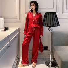 Feel Cute, Luxurious, And Comfy In This Two Piece Set. Material: Polyester And Spandex. Red Stretch Sleepwear For Pajama Party, Elegant Red Sleepwear For Loungewear, Red Fitted Long Sleeve Sleepwear, Pjs Set, Designer Formal Dresses, Silk Pajamas Women, Silk Pajama, Formal Dance, Silk Pajama Set