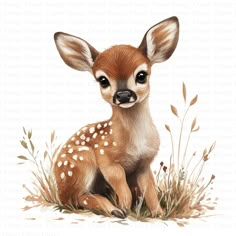 a baby deer sitting in the grass looking at the camera