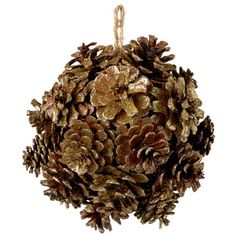 a pine cone ornament hanging from a rope