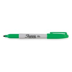 a green and white pen with the word sharpie on it's tip, in front of a white background