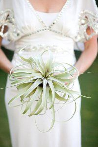 a woman in a white dress holding a plant with pearls on it's shoulders