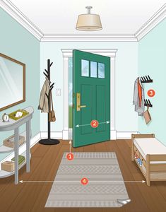 a green door is shown with instructions for how to hang clothes on the rack and other things