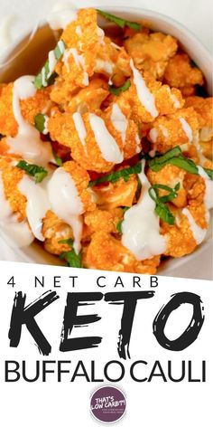 the keto buffalo cauliflower is served in a white bowl