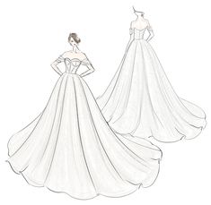 the back and side view of a wedding dress, with an off - shouldered neckline