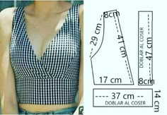 a woman's cropped top with the measurements for it and an image of her waist