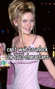 a woman in a pink dress is smiling and holding a purse with the words can't wait to unlock the 2012 characters