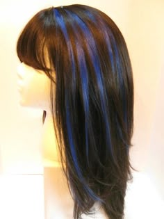 Navy Blue Streaks Hair, Cool Hair Highlights For Dark Hair, Dark Hairstyles With Highlights, Dark Blue Streaks In Brown Hair, Teal Streaks In Brown Hair, Dark Brown With Blue Highlights, Blue Hair Streaks Brunette, Blue Hair On Brown Hair, Blue Streaks In Hair