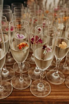 there are many wine glasses that have flowers in them on the bottom one is filled with water