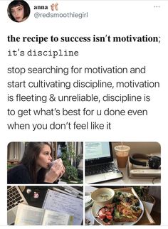 a woman sitting at a desk in front of a laptop computer with the caption'the recipe to success isn't motivation