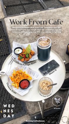 a table topped with plates of food next to a cup of coffee and cell phone