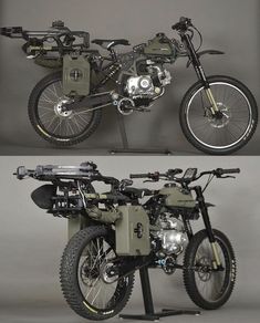 two pictures of the same motorbike with different parts attached to each bike, one showing the front and rear wheel