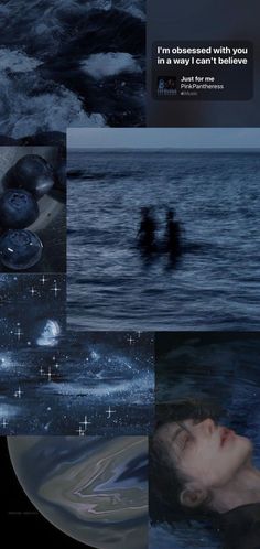 a collage of photos with people swimming in the ocean at night and stars above them