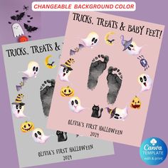 two halloween baby footprints with bats and pumpkins on them, next to a purple background