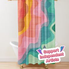 a colorful shower curtain with the words support independent artists on it