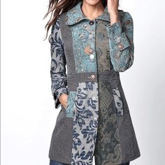 Handmade Patchwork And Quilted Jacket. Has Silver Tone Mismatched Buttons On Both Sides. Adorable Jacket Purchased In A Boutique And Never Worn. No Tags Available. Size Is S. Material Appears To Be Cotton. 30” Long 23” Sleeves 19” Pit To Pit Main Color Is A Washed Gray Exclusive To Patchwork. Stunning Jacket! First Photo Is A Stock Photo To Share Style! Neutral Dresses, Neutral Tops, Fitted Coat, Fall Denim, Reversible Jacket, Print Coat, Cute Jackets, One Piece Suit, Romper Dress