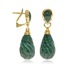 Ross-Simons - Malachite Drop Earrings with Diamond Accents in 14kt Yellow Gold. Our elegant drop earrings boast 8x6mm pear-shaped and 20x10mm teardrop malachite gems in a gorgeous shade of mossy green. Crafted in rich 14kt yellow gold and sparked with diamond accents for a hint of sparkle. Hanging length is 1 3/8". Clip/post, malachite drop earrings. Mossy Green, Pear Shaped, Pear, Fine Jewelry, Gems, Sparkle, Yellow Gold, Shades, Drop Earrings