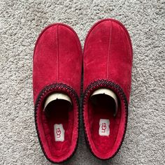 Pristine Condition. No Creases Comfortable Red Closed Toe Sneakers, Red Synthetic Closed Toe Slippers, Red Synthetic Slippers, Casual Red Slippers With Closed Toe, Red Closed Toe Casual Slippers, Red Casual Closed Toe Slippers, Casual Red Closed Toe Slippers, Red Round Toe Slippers For Indoor Use, Red Slip-on Slippers With Rubber Sole