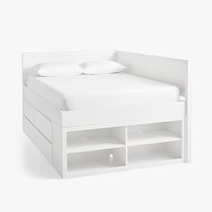 a white bed with drawers underneath it on a white background, there is no image here to provide a caption for