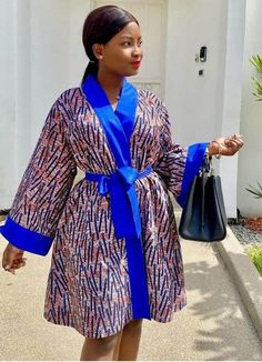 Blue Long Sleeve Ankara Dress, Ankara Kimono Dress, Kimono Dresses, Kimono Styles, African Print Kimono, Ankara Kimono, Styles Ankara, Dress African Print, Women Kimono