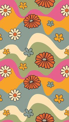 an abstract floral pattern with orange, pink and blue flowers on a green background that is wavy