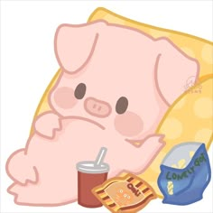 a cartoon pig sleeping next to some snacks