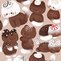 a group of brown and white teddy bears surrounded by donuts