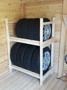 two tires are stacked on top of each other in a storage room with wood flooring