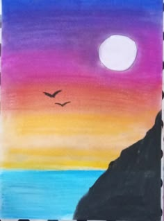 a drawing of a sunset with a bird flying in the sky over water and mountains