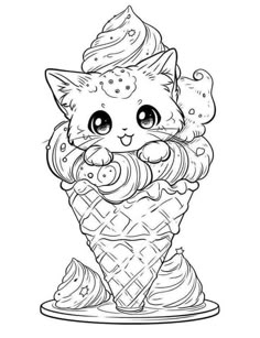 an ice cream cone with a cute cat inside it and some candies on top