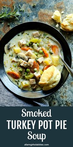 a bowl of smoked turkey pot pie soup