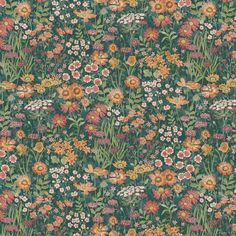 a green floral wallpaper with lots of flowers and leaves on the side, all in different colors