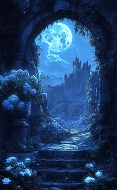 an archway leading to a castle with blue flowers in the foreground and a full moon in the background