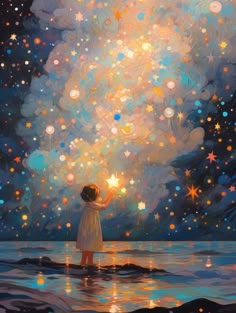 a painting of a girl standing in the water looking at stars and clouds above her