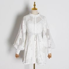 LONG SLEEVE PATCHWORK WHITE DRESS – El Merrist Store Elegant Spring Dresses, Sirens Fashion, Embroidery Belt, Patchwork Embroidery, Sleeve Crochet, Crochet Embroidery, Lace Dress With Sleeves, Stand Up Collar, White Dresses For Women