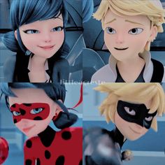 some cartoon characters with different expressions and hair colors, one is wearing a ladybug mask