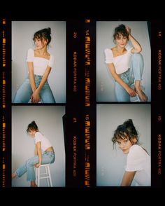 four different pictures of a woman in white shirt and jeans sitting on a stool with her legs crossed