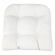 a white square cushion with buttons on the front and back sides, sitting against a white background