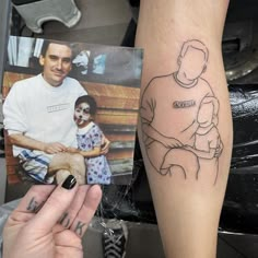 a person with a tattoo on their arm holding up a photo and an image of a man