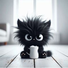 a small black furry animal holding a coffee cup