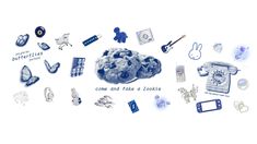 an assortment of blue and white items are arranged in the shape of a cake, with words written below it