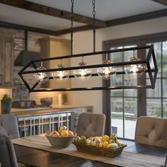 a dining room table that has some fruit on it