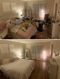 two pictures of a messy bedroom with clothes on the bed